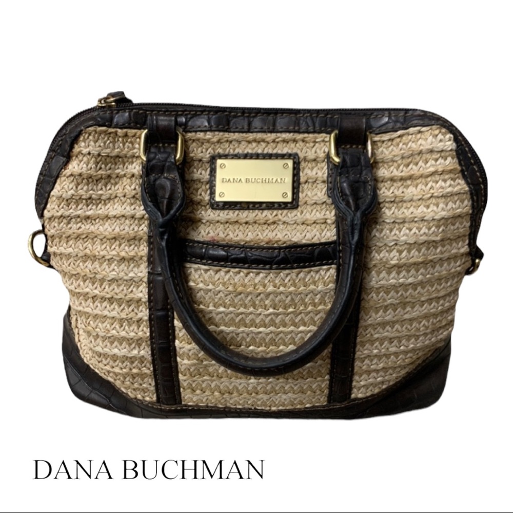 Dana Buchman Brown Leather and Straw Cream Ivory Tote Shoulder Hand Bag Purse